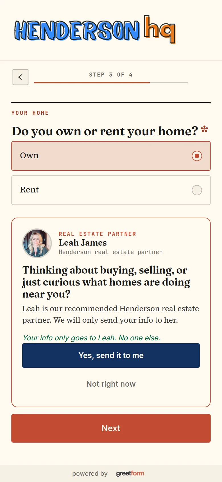 Henderson HQ's real greetform: a real estate partner's offer appears mid-survey for a reader who owns a home