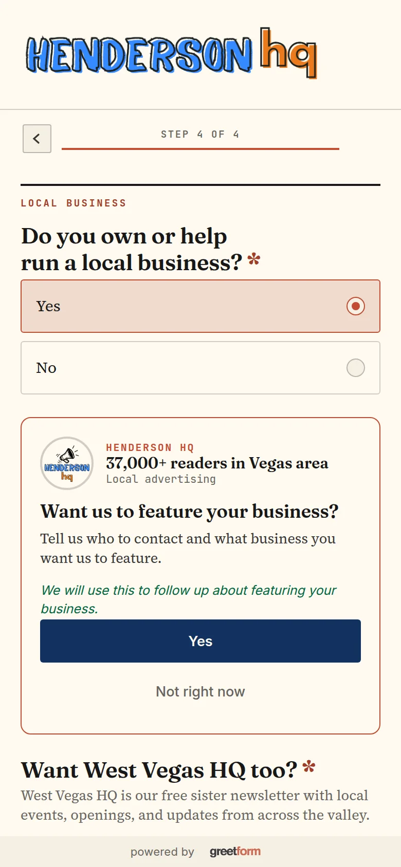 A business owner asks to be featured in the newsletter