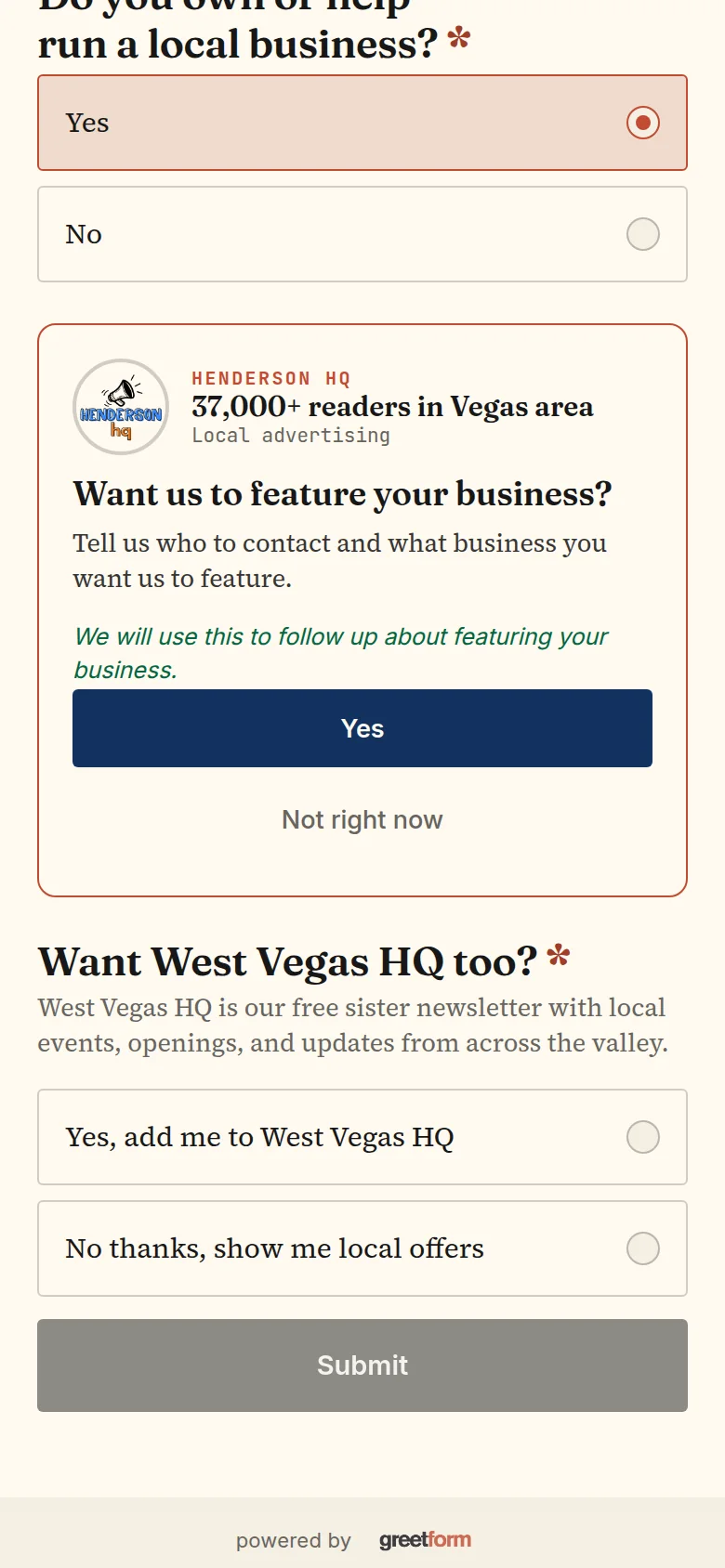 The reader is offered the West Vegas HQ sister newsletter