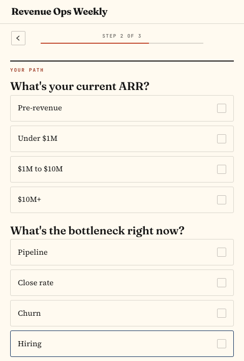 A conditional follow-up question showing company revenue range and current bottleneck, shown only to readers who selected Founder