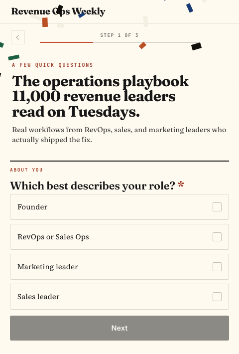 A B2B newsletter post-subscribe question asking which role best describes the reader, with four answer options