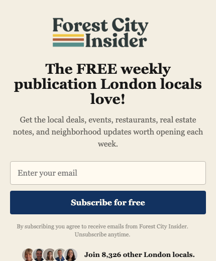 The live Forest City Insider newsletter subscribe page, branded with the publication's logo