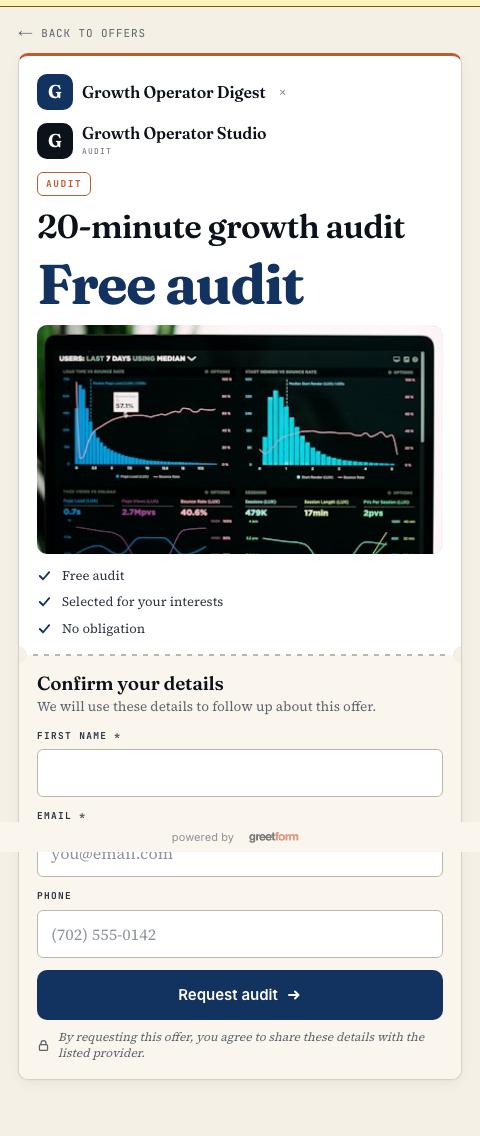A branded lead capture page showing a matched offer, a short benefit list, and a name, email, and phone form