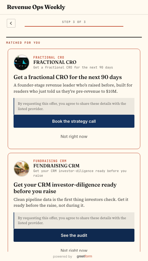 A matched offer wall showing two offers relevant to a founder who said they're pre-revenue to ten million in ARR and struggling with hiring